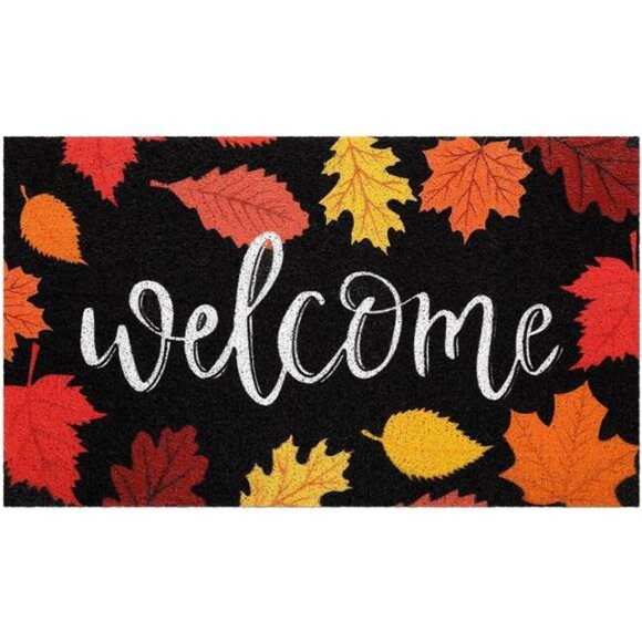 Fall Coir Doormats Maple Leaves Welcome Door Mat 29 x 17 Inches Black Orange - Picture 1 of 7